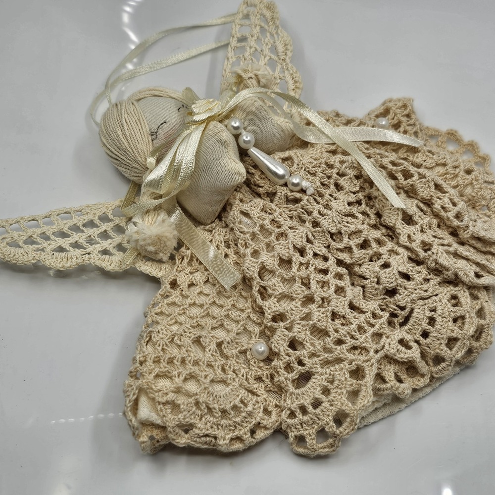 Vintage Crocheted Angel With‎ Pearls, Hand Painted Face And Ribbon